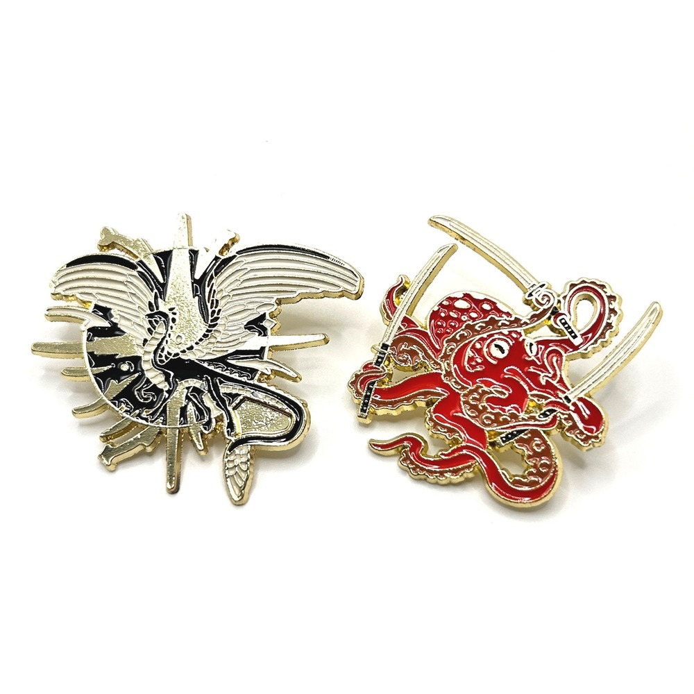 Samurai Octopus Dragon Lapel Pin Set OS Red Gold Enamel Sword Ninja